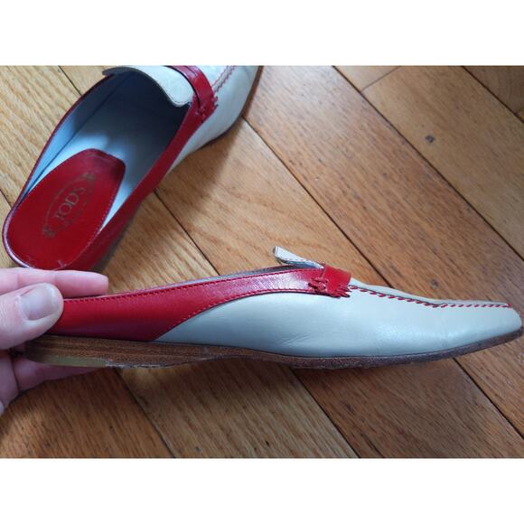 Tod's Cream Red Leather Mules Slides Italian Designer Size 5 Made in Italy - Picture 6 of 11